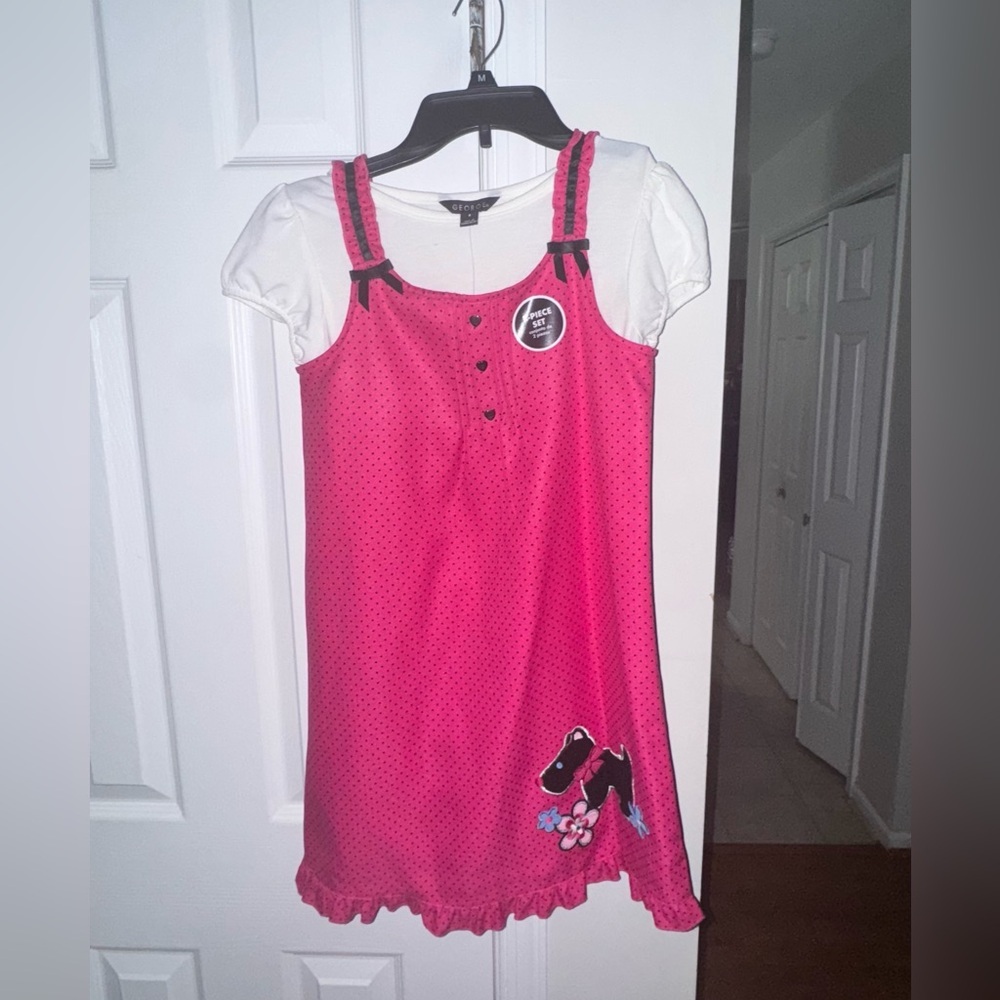 George Size 8 Scottie Dress NWT Girls Pink Polka Dot Jumper Set with White Top